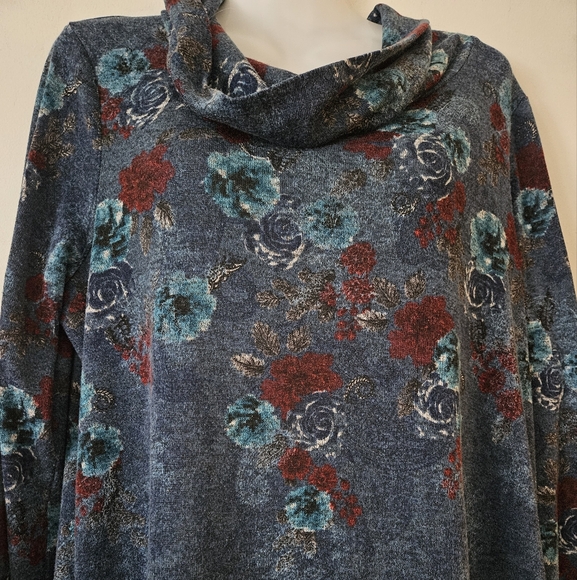 Northern Reflections Blue Floral Cowl Neck Tunic Top - Picture 2 of 7